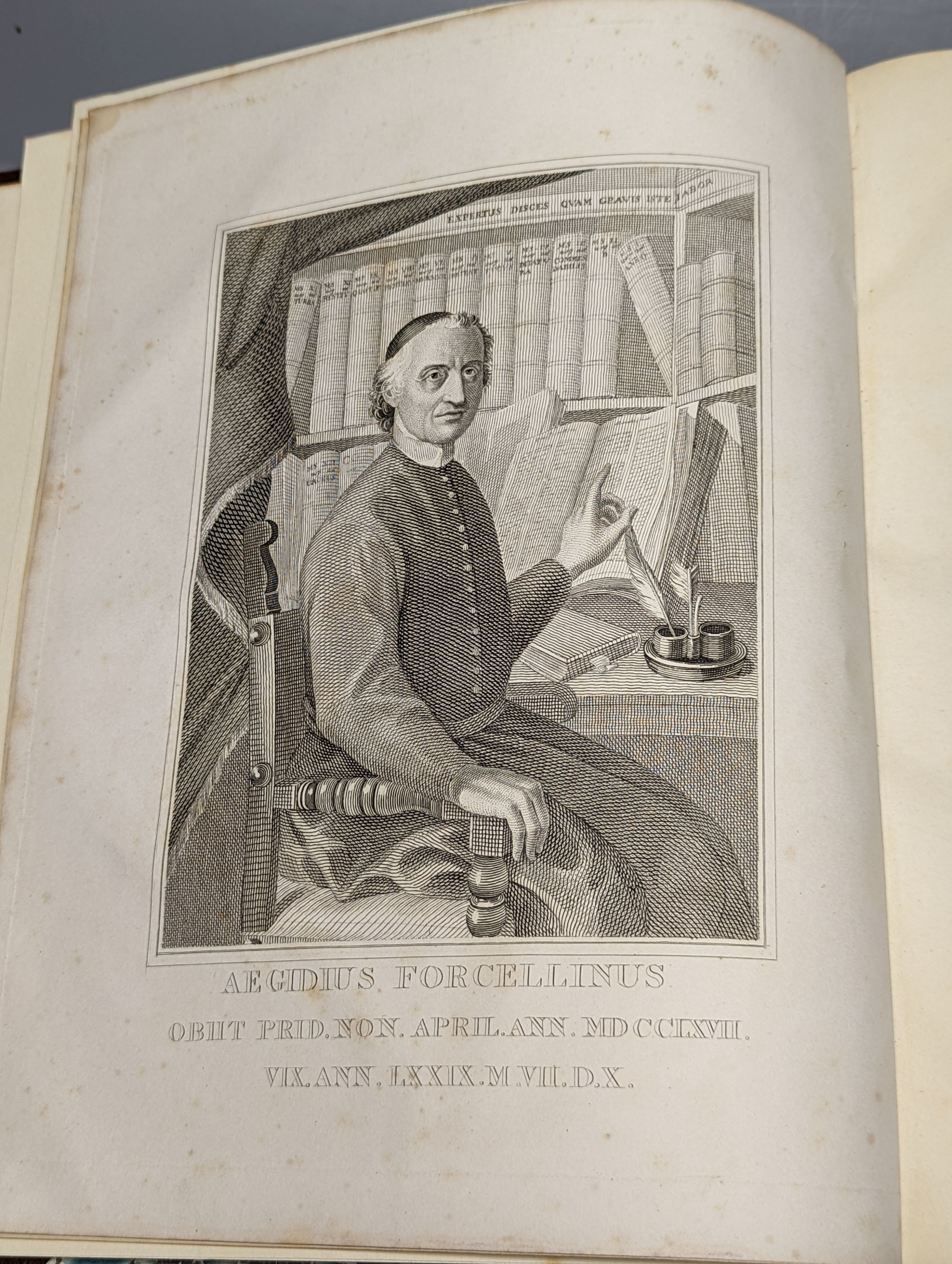 Forcellini, Egidio - Totins Latinitatis Lexicon ... (new edition), 2 vols., (edited by) Jacobus Bailey. engraved portrait frontis.; newly rebound half morocco and marbled boards, gilt-lettered panelled spines, folio. 182